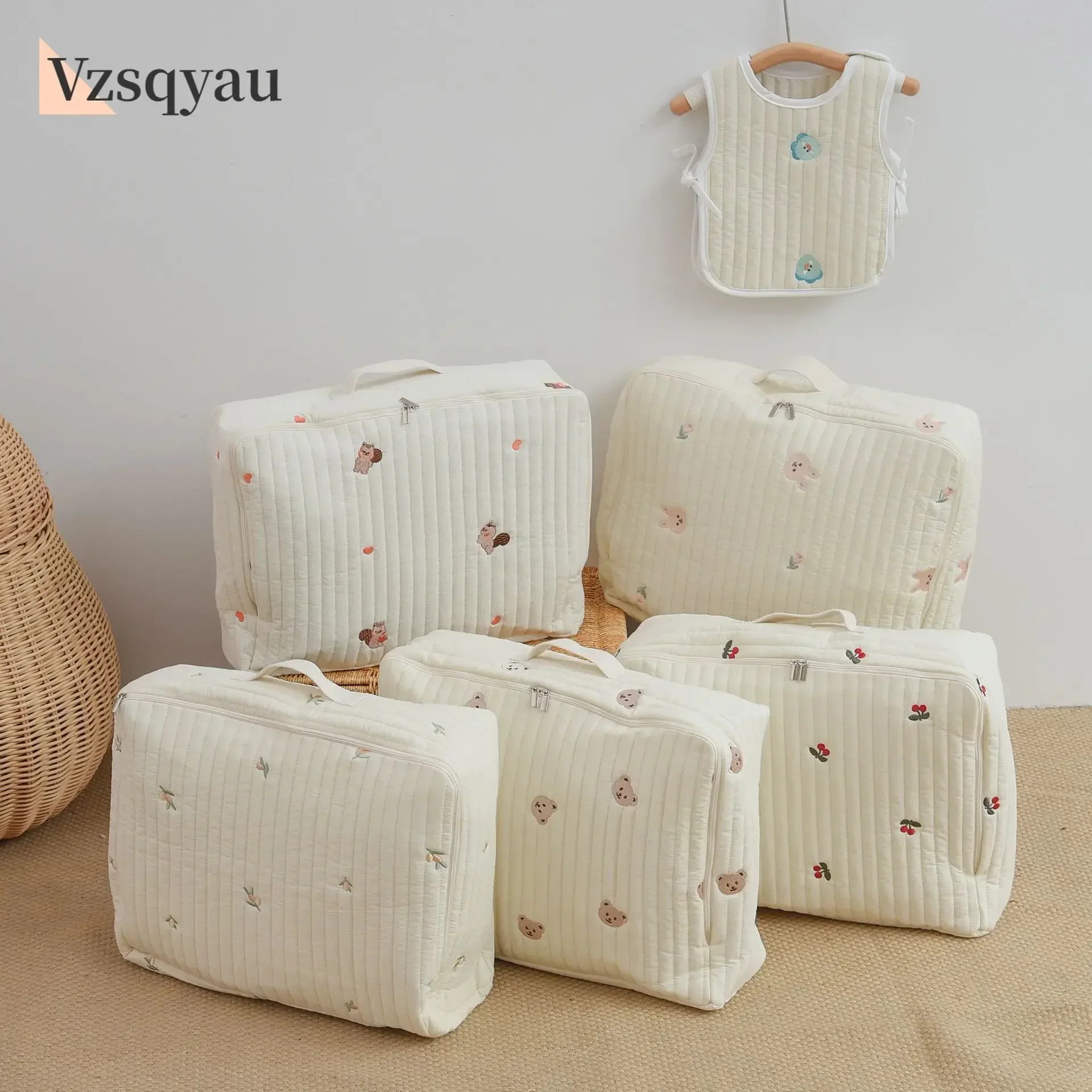 2025 New Cute Bear Flower Embroidery Pattern Baby Beige Cotton Fabric Zipper Diaper Luggage Bag Diaper Bag Backpack Bebes Ins