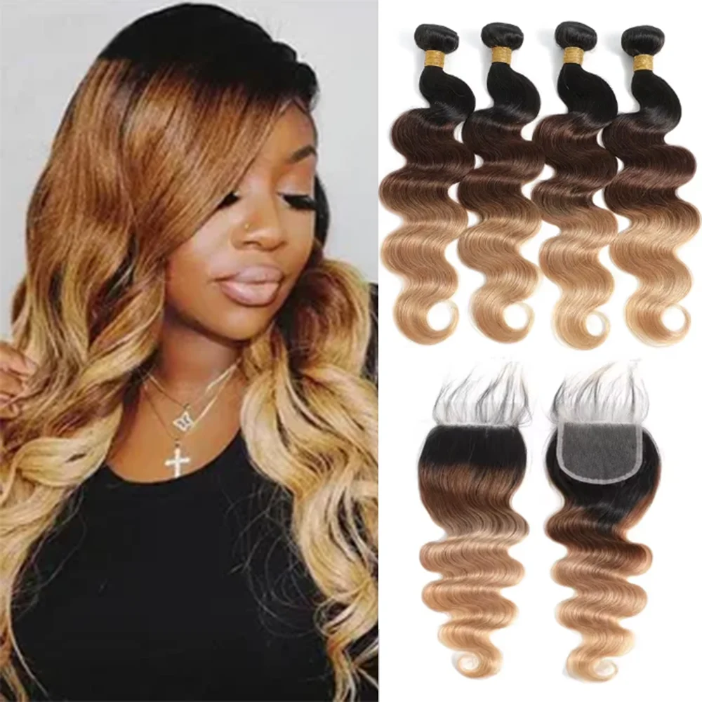 Ombre Farbige Body Wave Echthaar-Bündel mit Verschluss 100% Unbehandeltes Jungfrauenhaar 1b/4/27 Gefärbte Bündel Echthaar-Extensions
