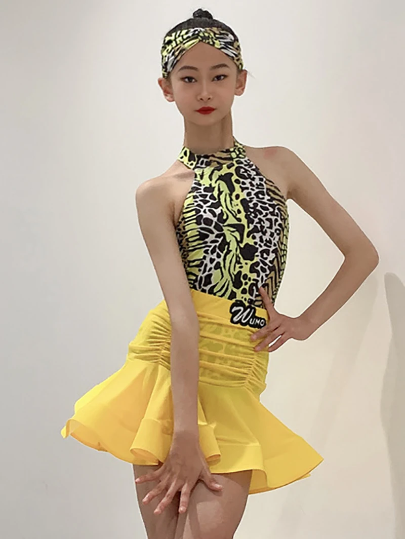 Latin Dance Meisjes Performance Kostuum Print Halter Rugloze Top En Grote Rok Zoom Rokken Kinderen Latin Kleding Wedstrijd Danseres