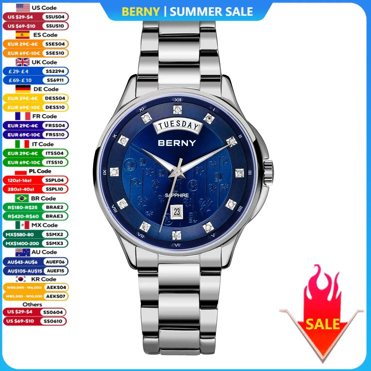 

BERNY Watches for Men Solid Stainless Steel Date Weeks Sapphire Luminous Quartz Men Watch Chinese Style Good Fortune Wristwatch