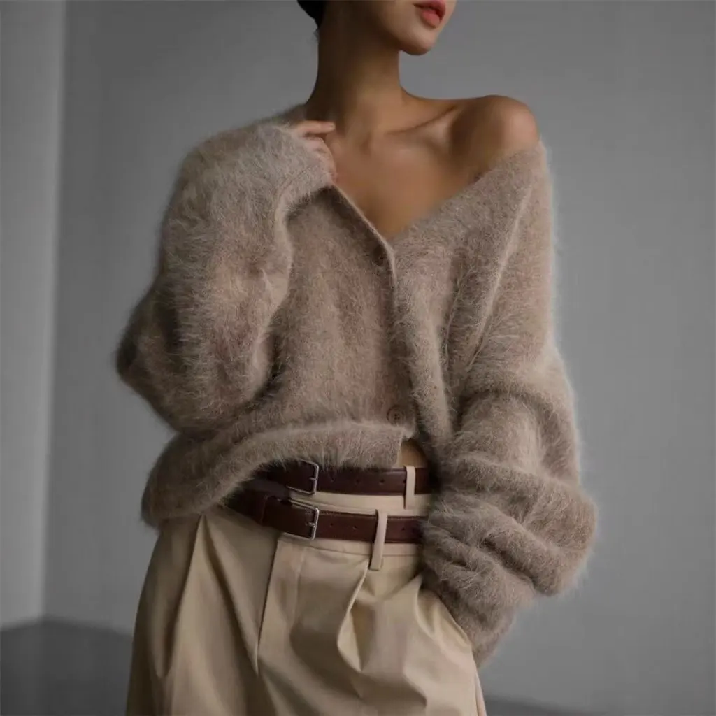 

Women's Imitation Mink Cardigan Long-Sleeved Knitted Jacket Solid Color Loose Fit Autumn Winter European American Style