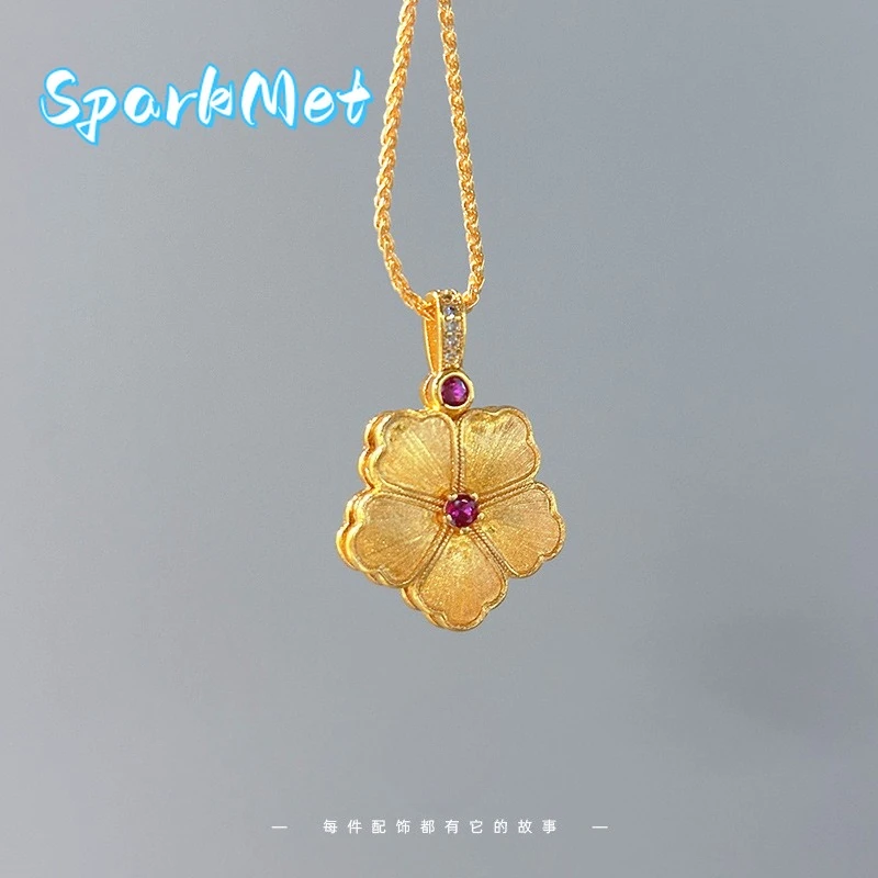 

Sparkmet Light luxury high-end 9999 24K Real Gold Medium-old Diamond Plum Pendant with Double-sided Wearing Brushed Plum Blossom