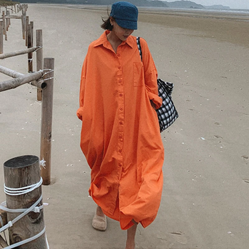 Johnature 2024 New Turn-down Collar Women Shirt Dresses Summer Casual Korean Solid Color Orange Loose Pockets Slits Dress