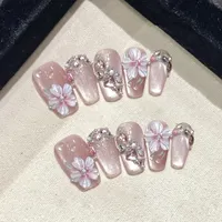 10Pcs Sweet Cute Handmade Press on Nails Flower Butterfly Fake Nails Glossy Diamond False Nails Full Cover Acrylic Nail Tips Art
