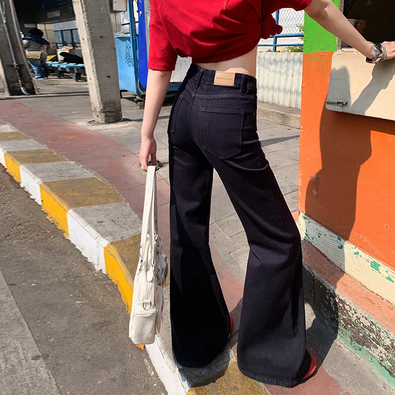 

2026 Summer Women's Flared Jeans Deep Blue Fashionable Streetwear Jeans High Waist Loose Wide Leg Denim Bell Bottom Pants