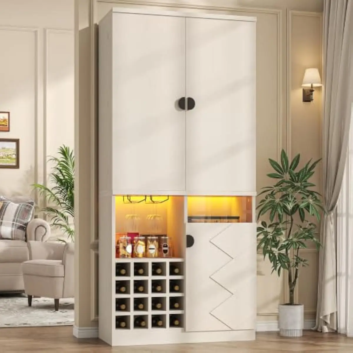 72 Inch Tall Matte White Bar Cabinet Featuring RGB LED Lighting System Remote Controlled Dimmable Ambient Glow 16 Bottle Wine St