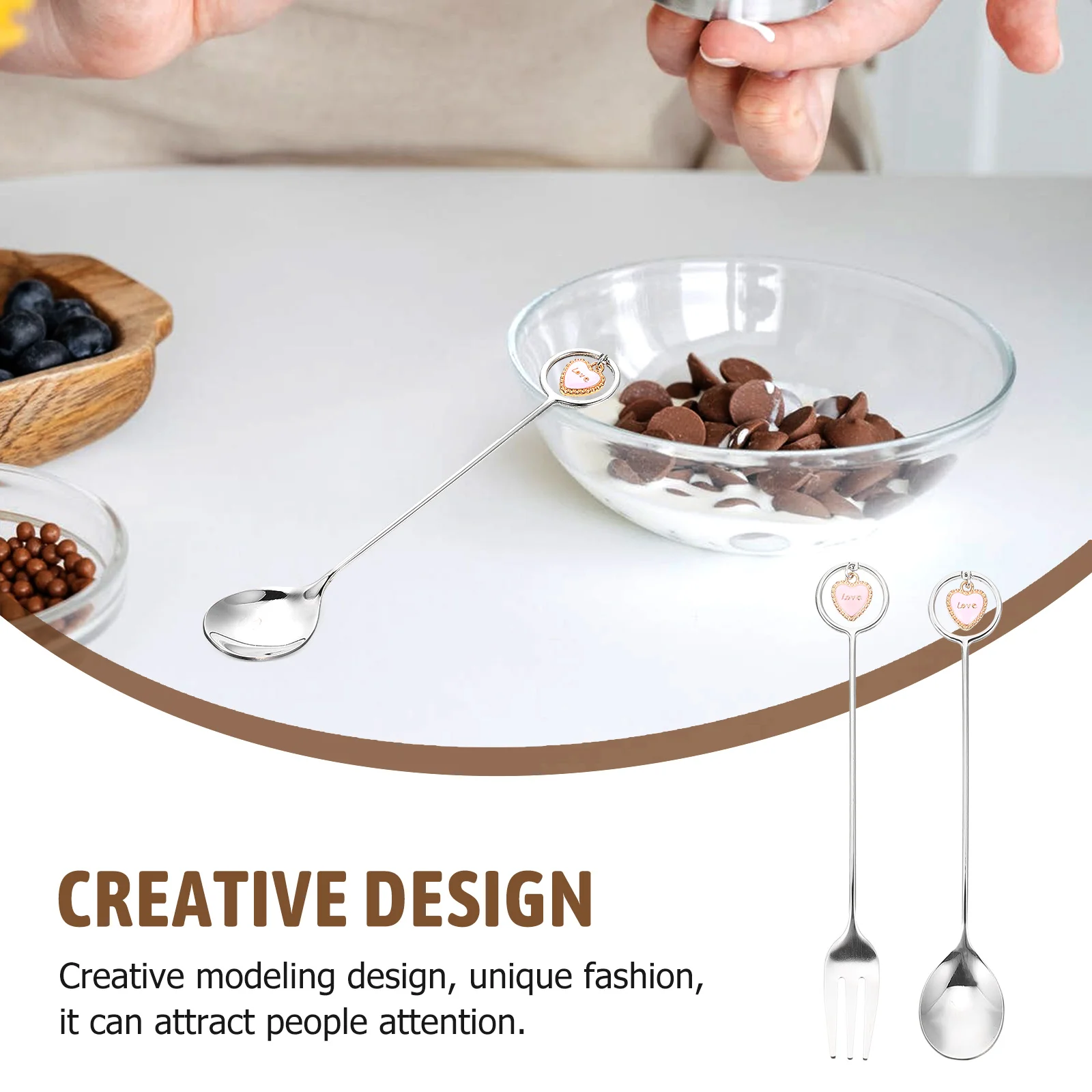

1 Set Stainless Steel Resin Dessert Spoon Fork Set Household Kitchen Utensils Multipurpose Cake Ice Cream Coffee Spoons Party