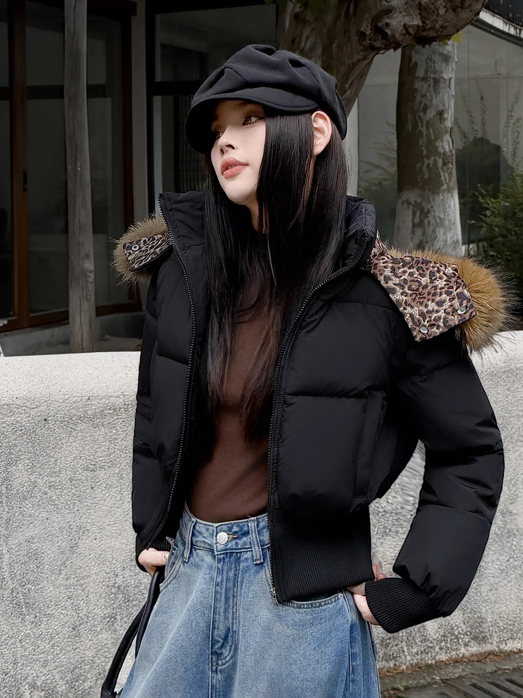 American Style Women's Short Thickened Winter Coat with Fur Collar Leopard Print Splicing Waist-Cinching Warm Cotton Jacket