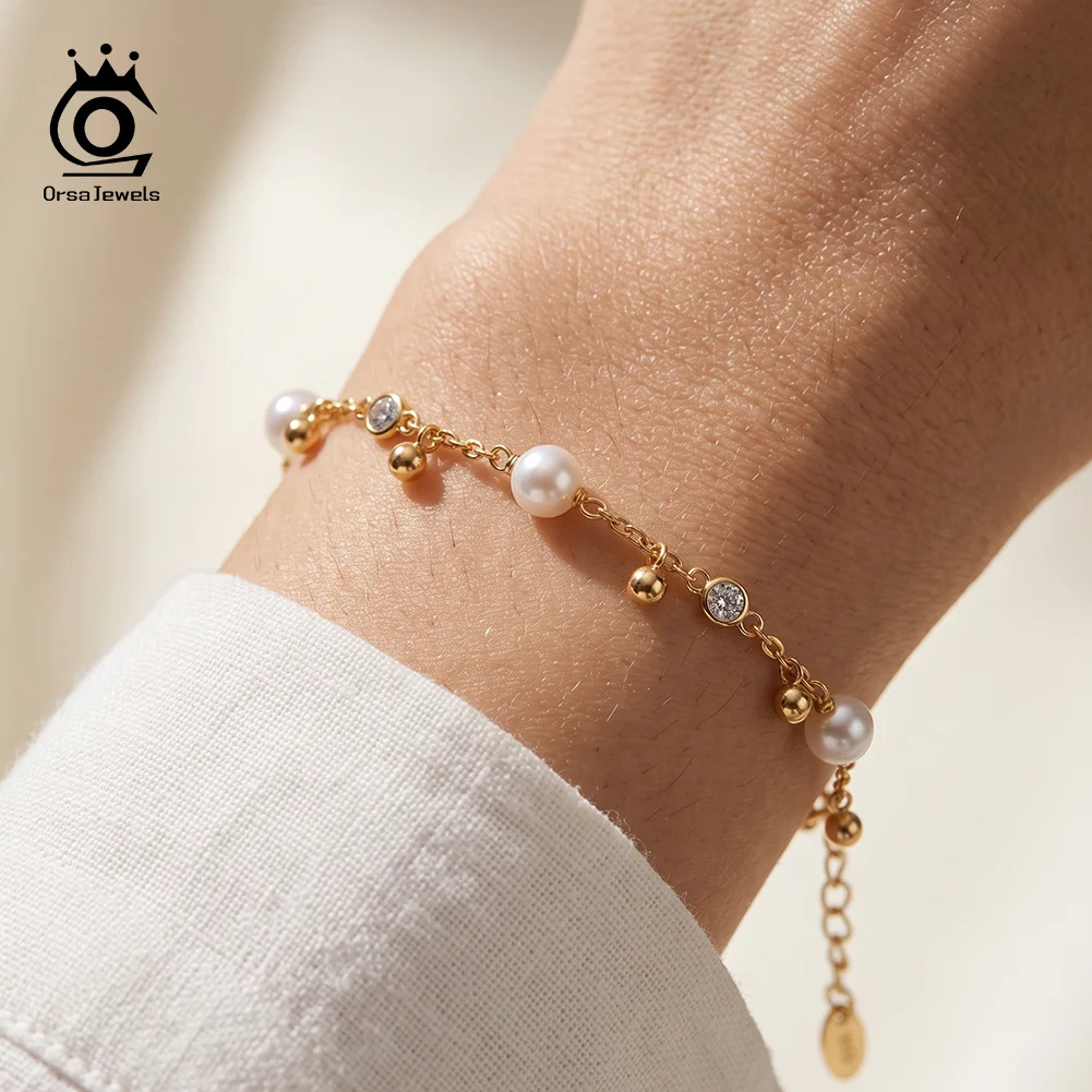 ORSA JEWELS Vintage Shell Pearl Beaded Bracelet 925 Sterling Silver Inlaid Clear Zircon Accents Party Wedding Jewelry PSB11