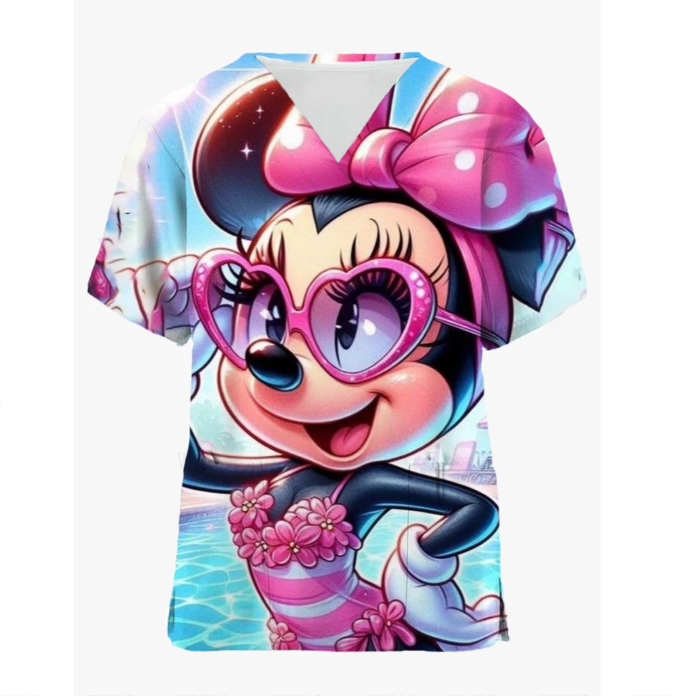 V-Neck Female Veterinary Nurse Uniform Short-Sleeved Shirt Pet Grooming Veterinary Overalls T-shirt Slim Mickey Mouse Print Top