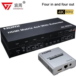 4x4 HDMI Matrix Switch HDMI Extender RJ45 60M over Cat6 4K 60Hz HDMI Video Transmitter Receiver adapter switcher For TV Monitor