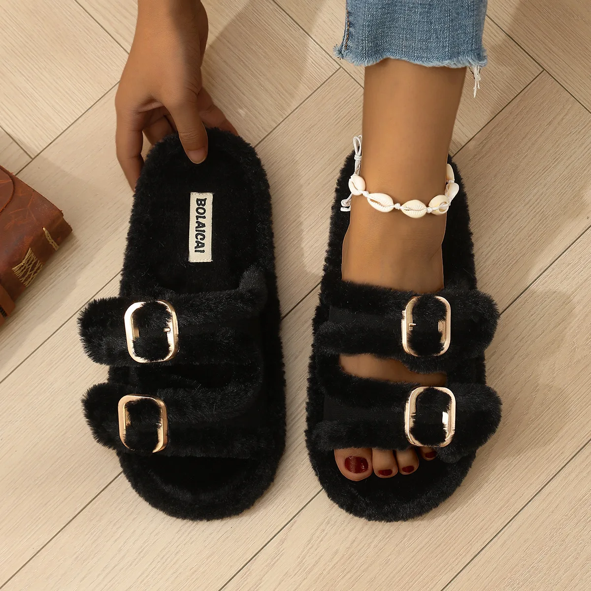 Fashion Metal Double Buckle Fluffy Furry Slippers Woman Casual Outdoor Plush Warm Slides Women Winter Open Toe Cotton Slippers