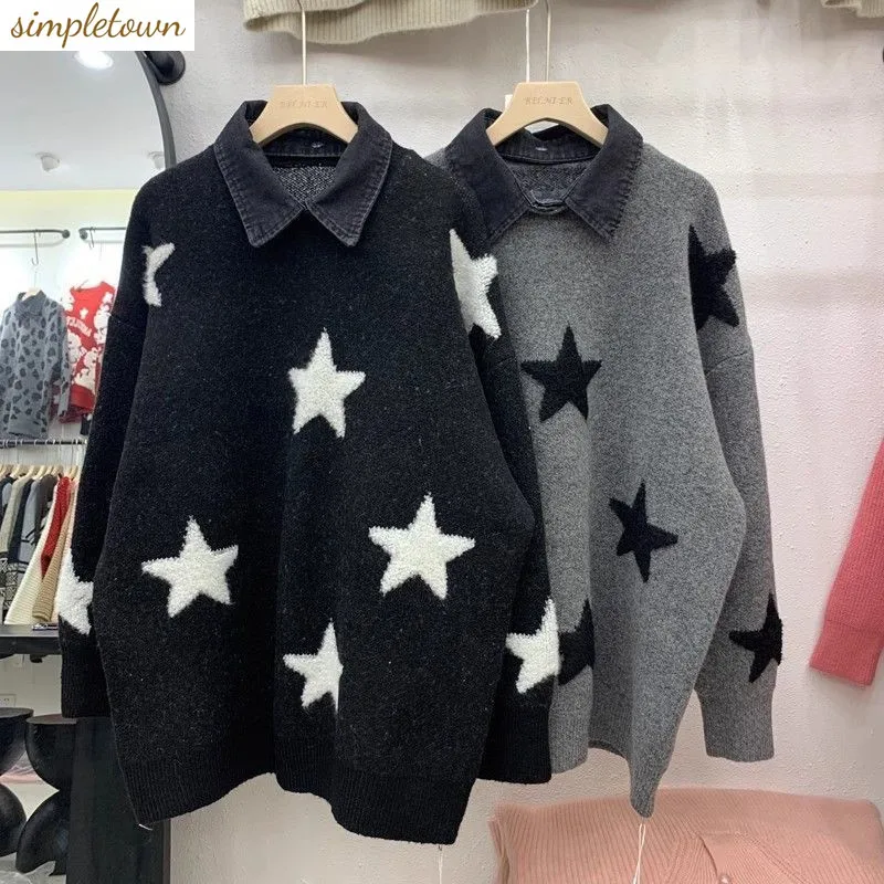 

Autumn and Winter Korean Edition New Fashionable Cowboy Collar Fake Two Lazy Style Loose Knitted Sweaters