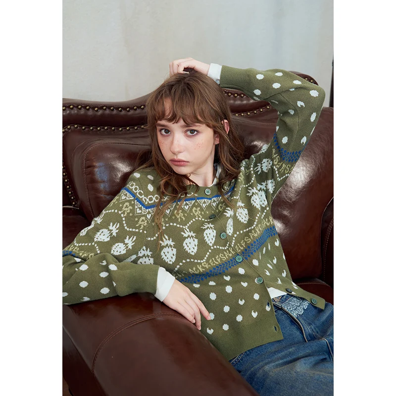 ELFSACK Women's Fair Isle Knit Cardigan with Strawberry Print, V Neck Long Sleeve Top, Cute Casual Outerwear for Daily Wear