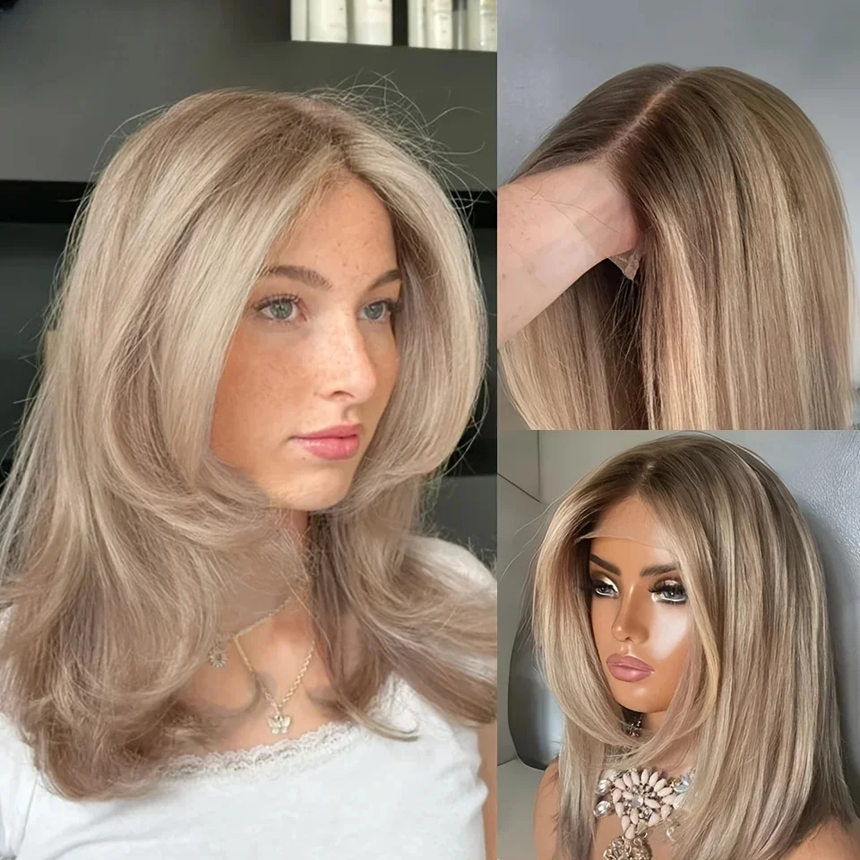 

Ombre Blonde Shoulder-Length Synthetic Wig 13x4 Lace Front Preplucked Highlight Blond Straight Cosplay Wig for Women
