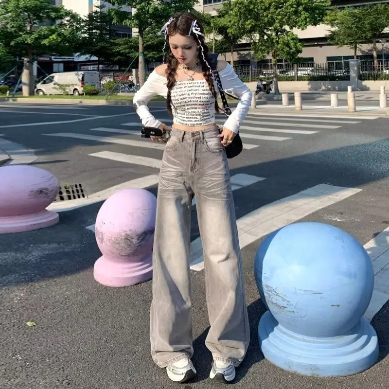 

Джинсы в американском стиле ретро с завышенной талией, женские свободные широкие брюки, повседневные утягивающие брюки из смеси хлопка и полиэстера