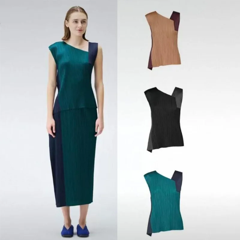 

Miyake Sleeveless Sloping Shoulder Top, High Waist Contrasting Skirt Set, Simple Design, Niche Fashion T-shirt Skirt 2-piece Set