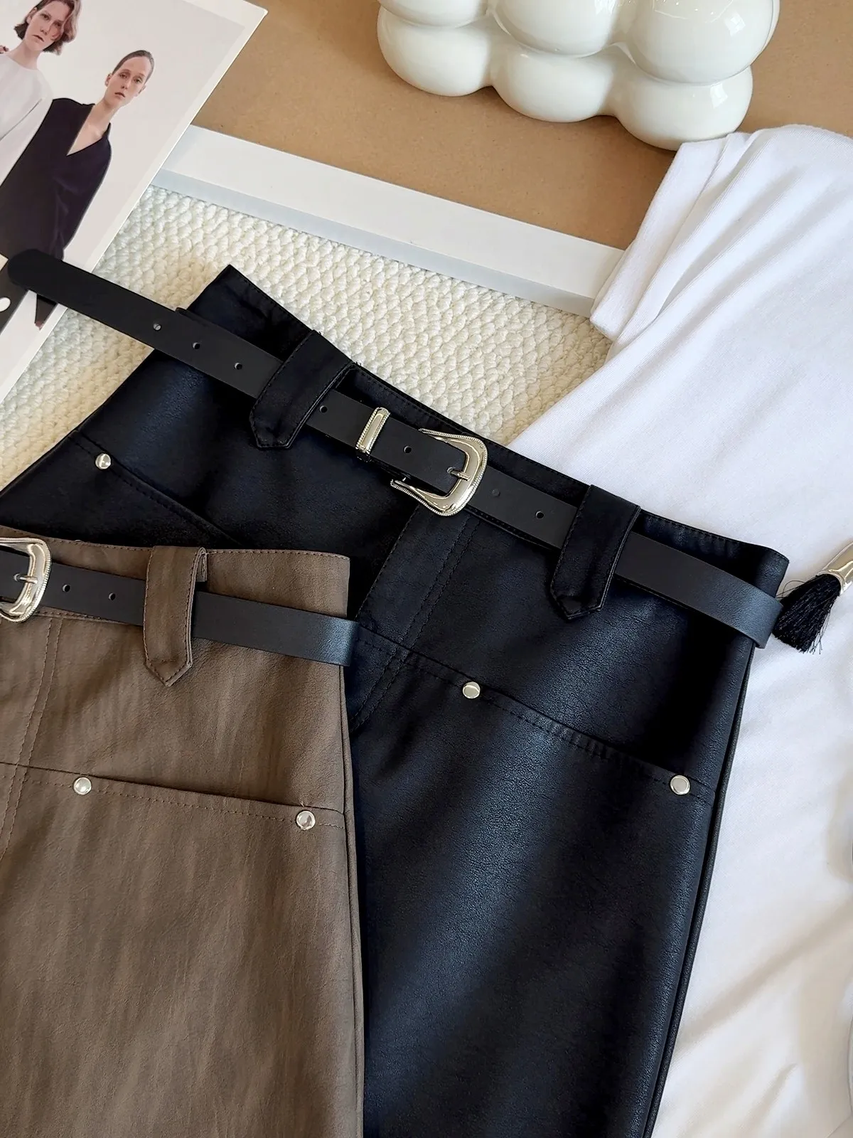 Women Brown A-line Mini Skirt Vintage 2000s Y2k Gyaru Short Skirt Harajuku Korean Style Leather Wrap Skirts Spring Summer 2026