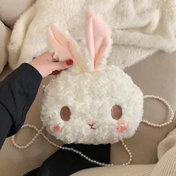 Bolso cruzado de conejo Kawaii para niñas, carteras de conejo de peluche de dibujos animados, bolso de mano Lolita para niños y adolescentes, encantador y esponjoso, Perla de conejo