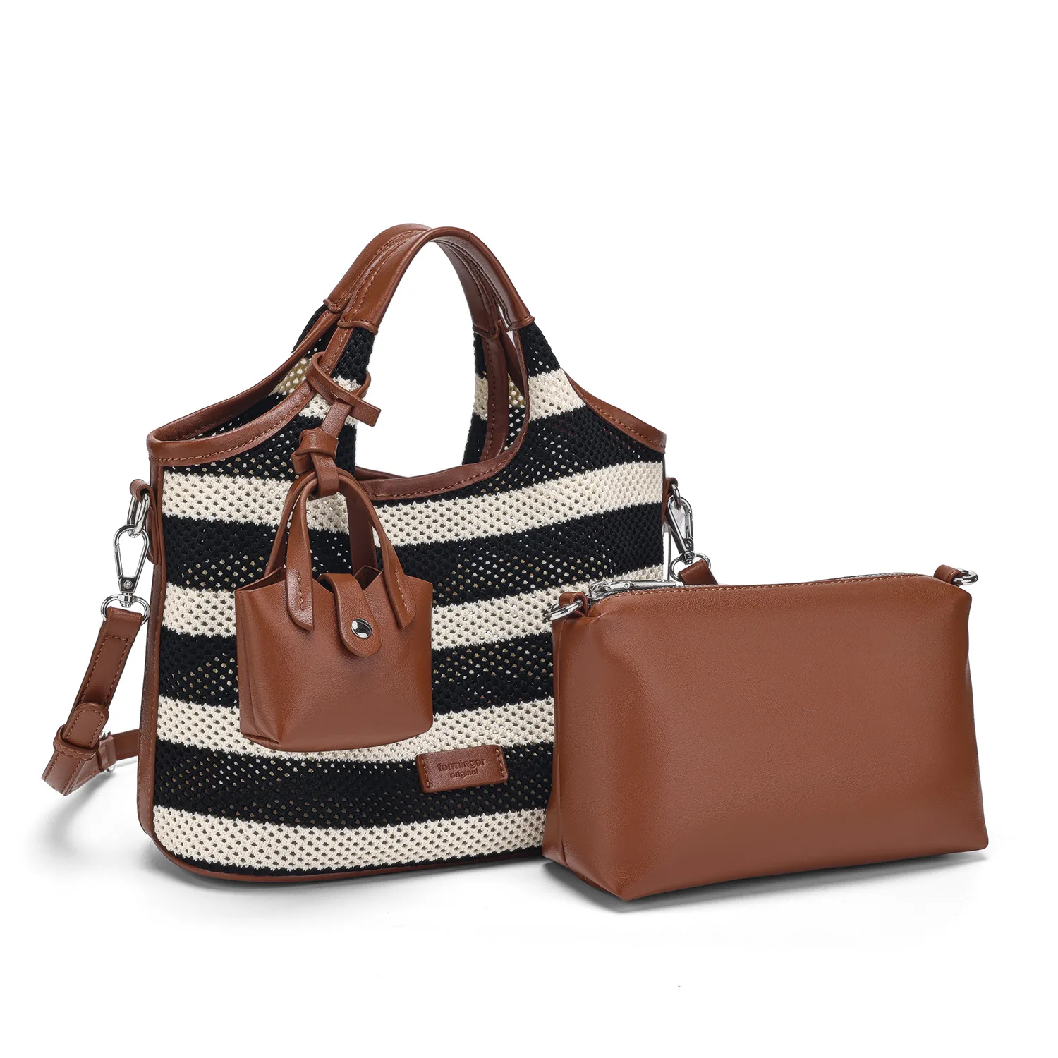 

2025 Versatile & Spacious Crochet Tote Bag Quality Leather Black and White Striped Beach Shopper Classic Parisian Design