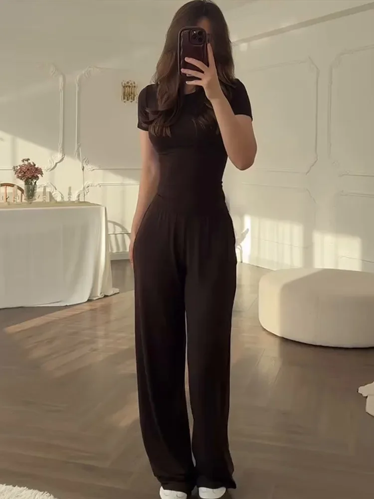 

Повседневная футболка с круглым вырезом, брюки, костюм, женские тонкие топы с короткими рукавами, брюки с эластичной резинкой на талии, весна-лето, универсальный женский однотонный комплект