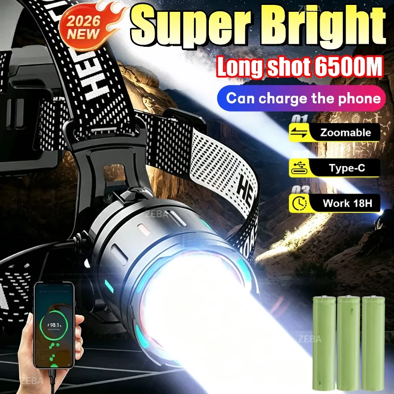 Super Bright Zoomable LED Headlamp 6500M Long Shot Type‑C Rechargeable Headlight 18650 Battery Head Torch For Camping Hunting