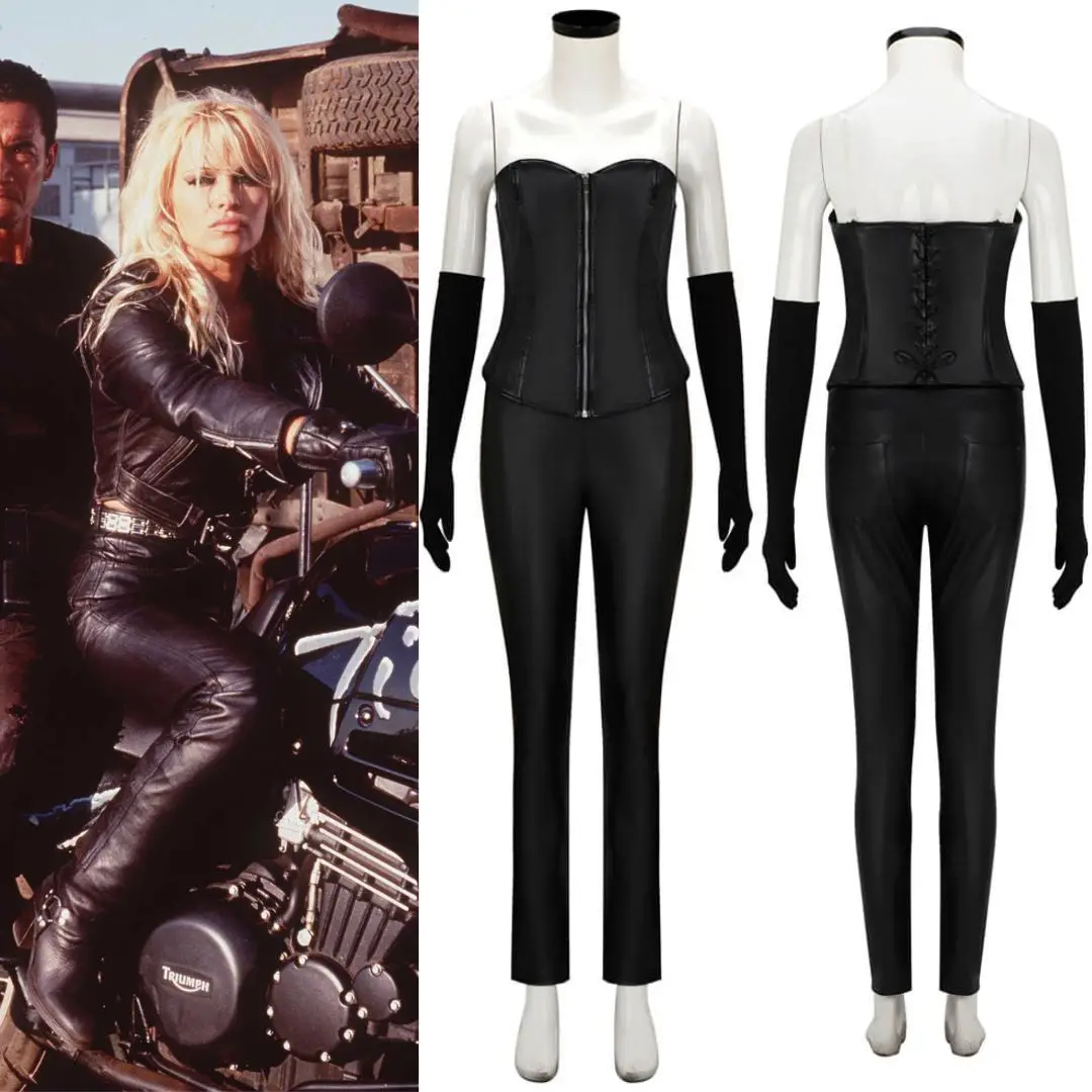 Barb Wire Barbara kopetski COSPLAY Pamela Anderson ชุดชุดเสื้อผ้าฮาโลวีนสีดำแฟนซีชุดท็อปส์ซูกางเกงแว่นตา