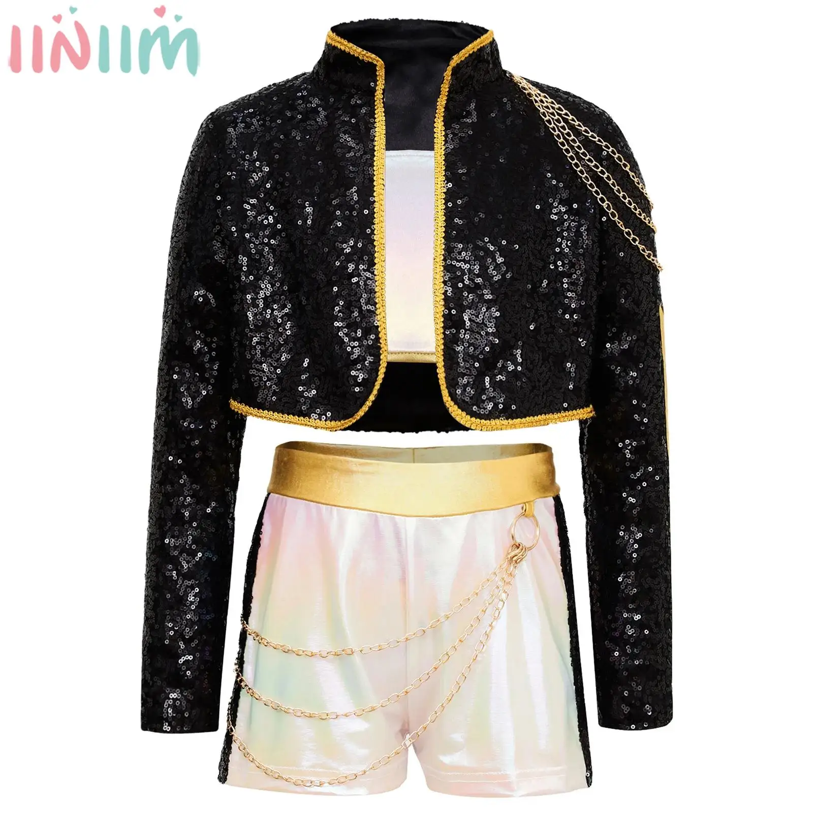 

Детский карнавальный костюм «Охотники за дьяволами» для девочек, костюм для джазовых танцев в стиле хип-хоп, куртка с блестками, шорты, укороченный топ для вечеринки на Хэллоуин