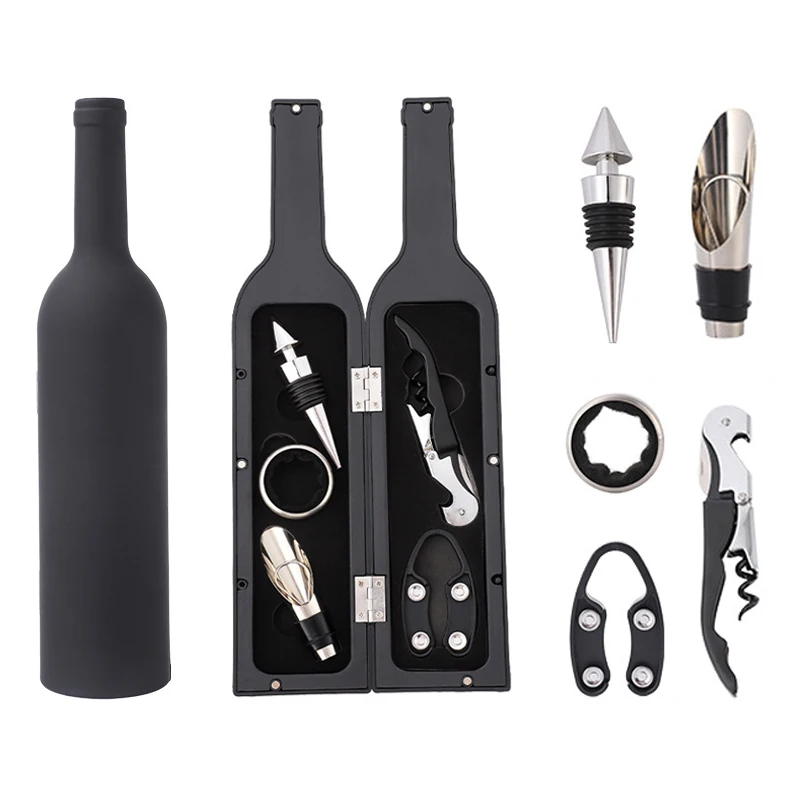 

5 Pieces Bottle-Shaped Case With Drip Ring, Foil Cutter, Wine Pourer and Stopper Wine Opener Accessories Set Stainless Steel