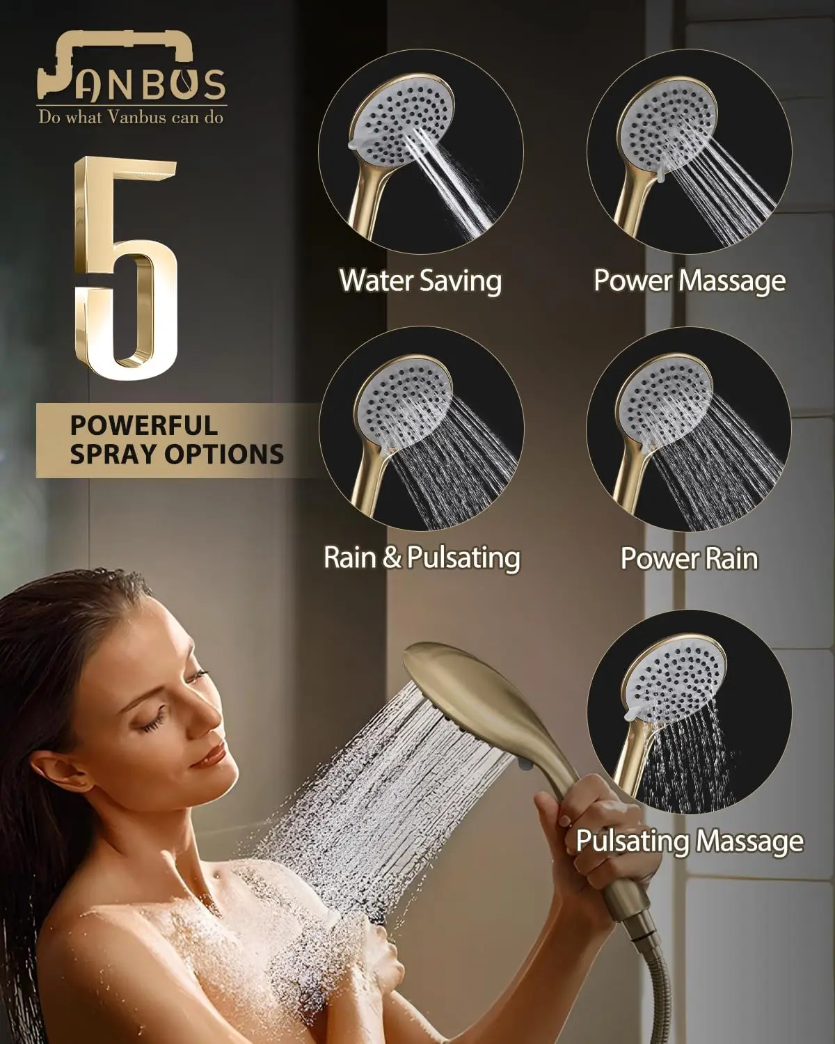 Handheld Shower Head with Adjustable 30-Inch Shower Slide Bar and 59-Inch Hose, 5-Function 3.2GPM High Pressure Handheld Shower