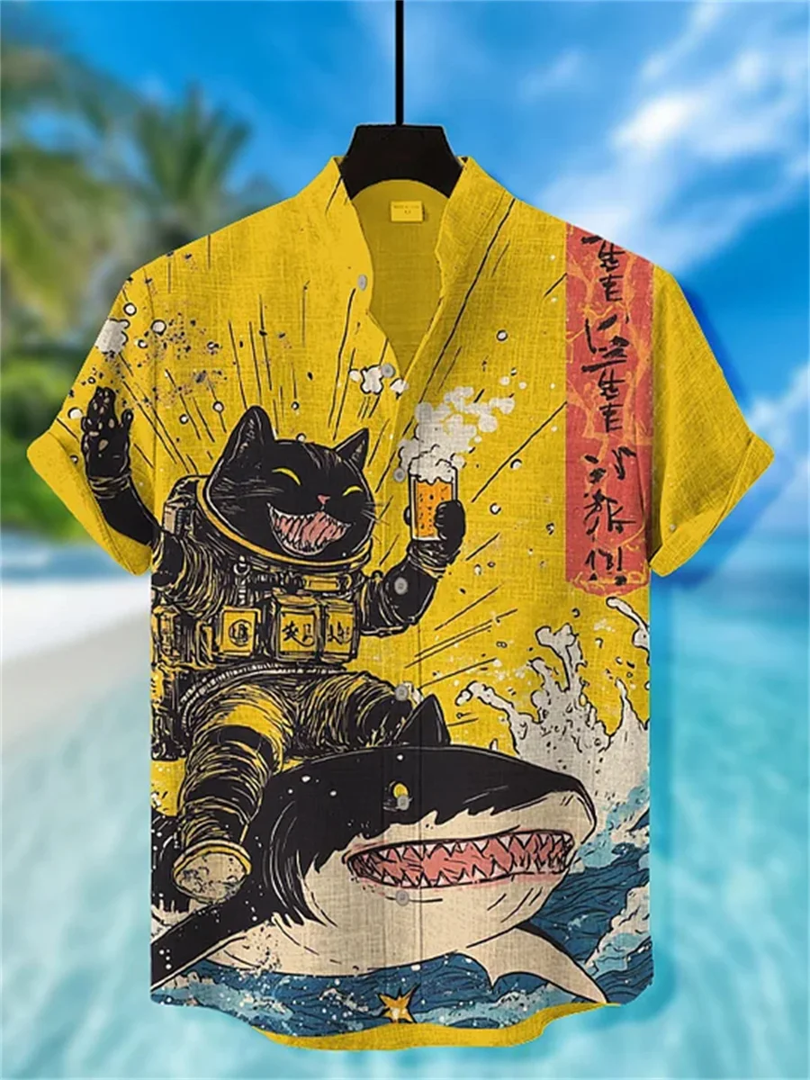 Men's street style short-sleeved shirt, quirky black cat and shark print casual men's top, trendy and fashionable Hawaiian shirt