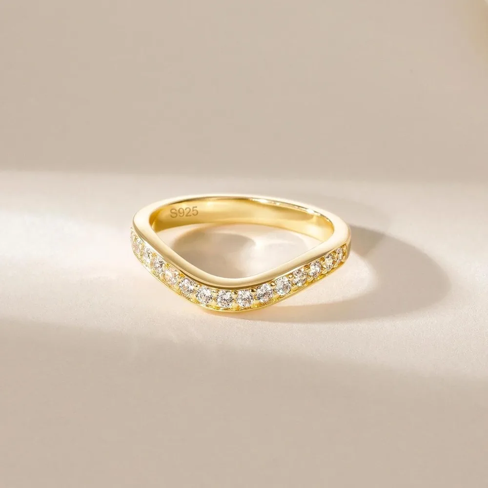 Trumium V Shape 925 Sterling Silver Half Eternity CZ Stackable Rings for Women 14K Gold Plated Curved Engagement Wedding Band