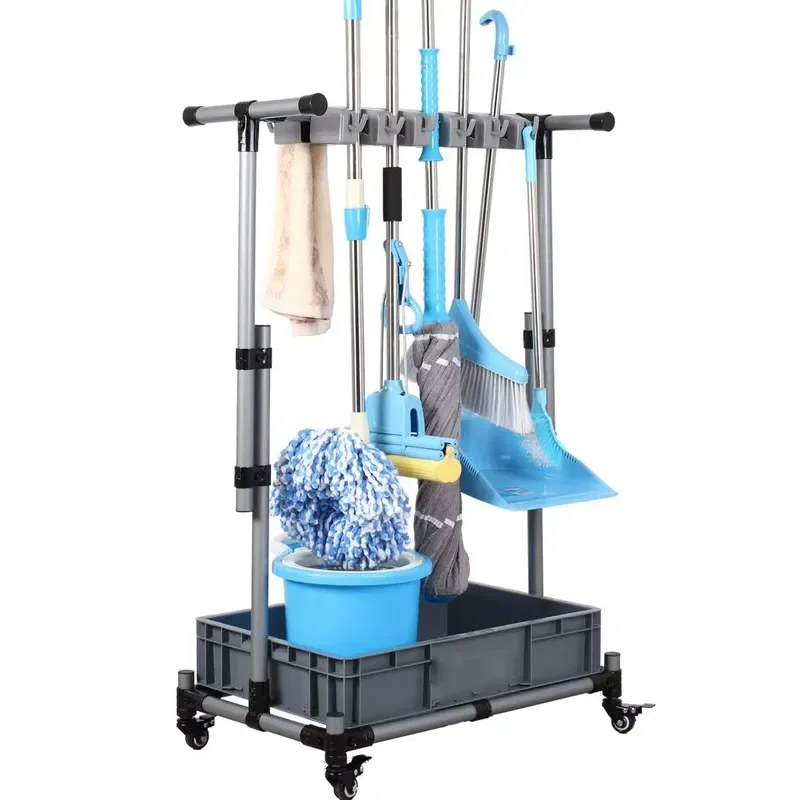 Housekeeping Trolley Broom Mop Holder Floor-Mounted Mop Rack Cleaning Tool Storage for Laundry Room Closet Organizer Cart