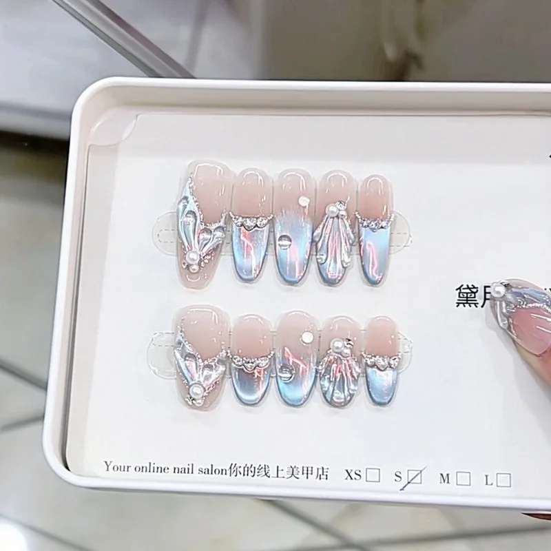 Handmade Nail Tips 3d Fish Tail Stick-on Nails for Gluing Ready Rhinestone Press on Nail False Nails Woman with Box and Tools