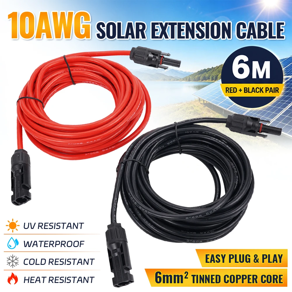 10AWG 6mm² 6M Solar Extension Cable Red Black PV Wire IP67 Waterproof with Male Female Solar Connectors for Solar Panel RV