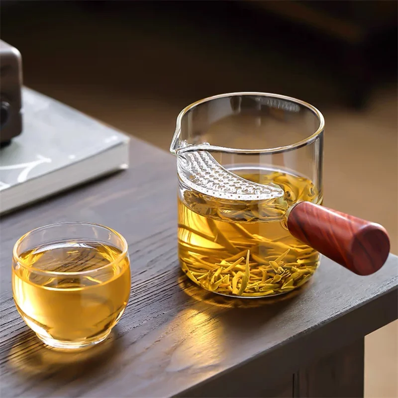 380ml Side Wooden Handle High Borosilicate Glass Tea Dispenser with Crescent Filter Chahai Tea Ceremony Tea Mug Kung Fu Tea Set