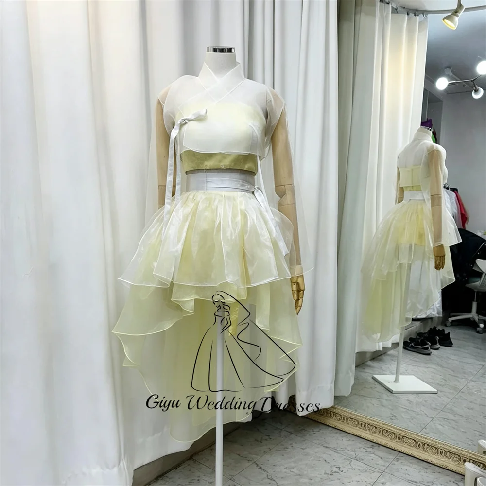 Giyu Customized Korean Short Hanbok 3 Piece Set For Women Pale Yellow Transparent Organza High Low Ruffle Evening Party Dress
