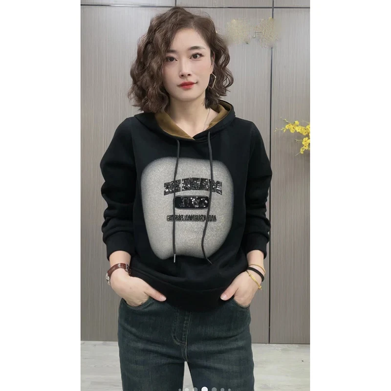 Fashion Printed Letter Diamonds Hoodies Sweatshirts Women\'s Clothing 2024 Autumn New Loose Commuter Tops Casual Sweatshirts