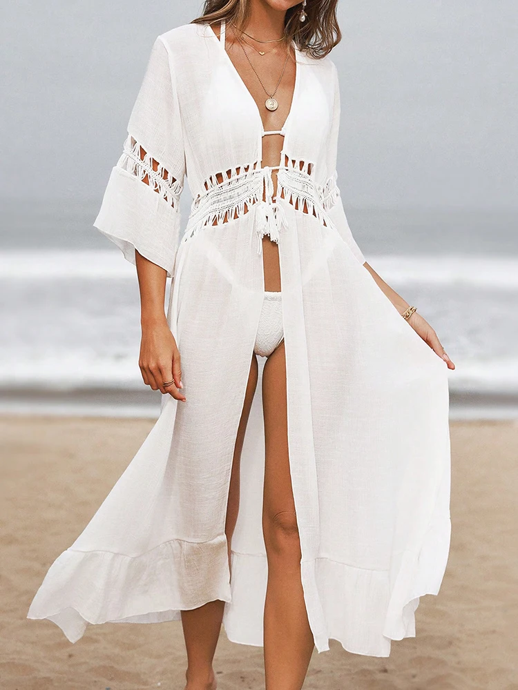 Vestido de verano de ganchillo, traje de baño bohemio para playa, blusa larga con cordones, vestido de playa tipo kimono con abertura en la parte delantera