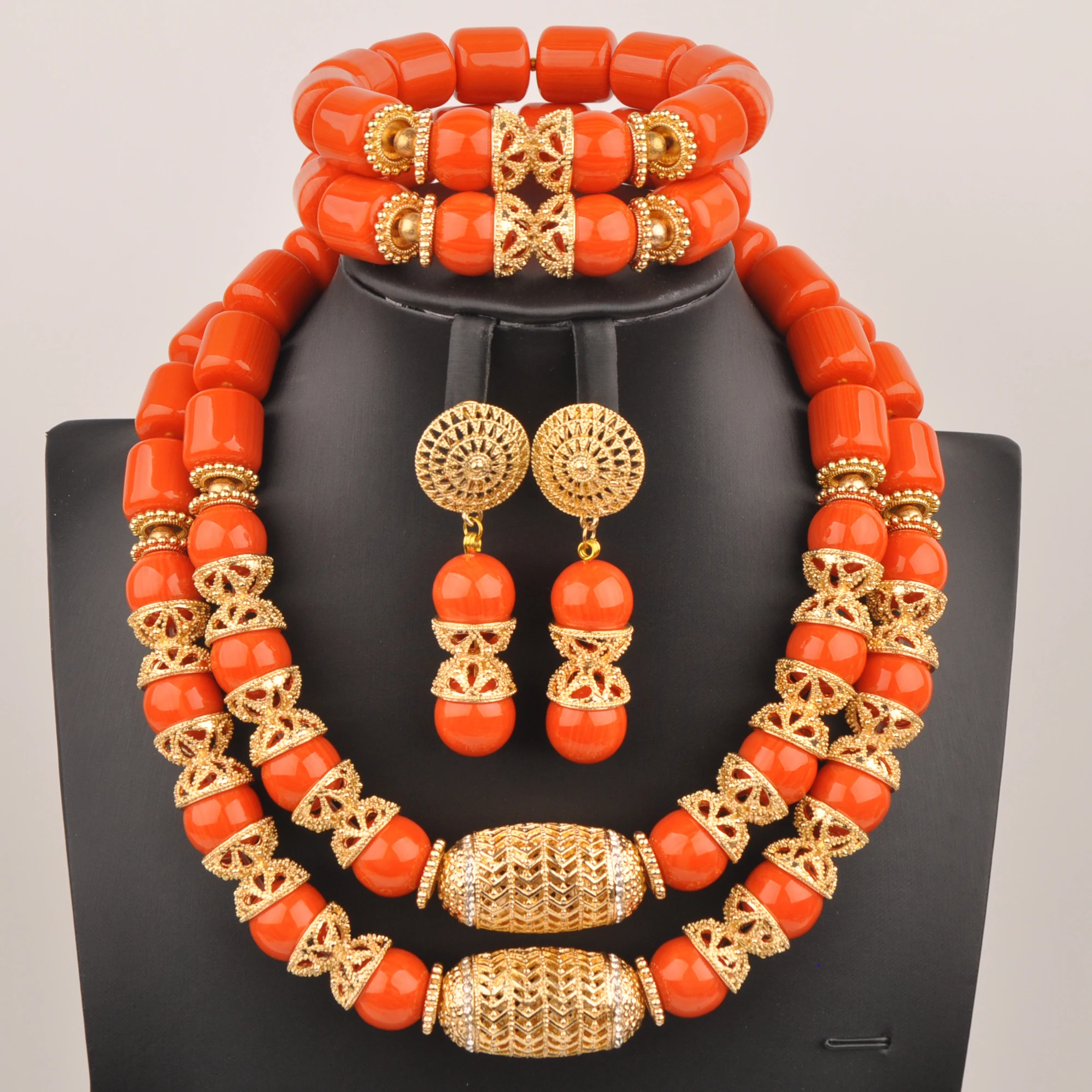 

Nigerian Orange Artificial Coral Bead Necklace African Bridal Jewelry Sets