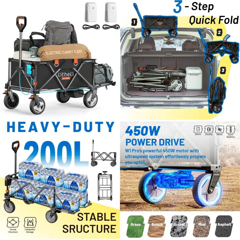 Battery-Powered Electric Utility Wagon Cart with All-Terrain Wheels, Variable Speed, 200L Capacity, 300 lbs Load Capacity for He