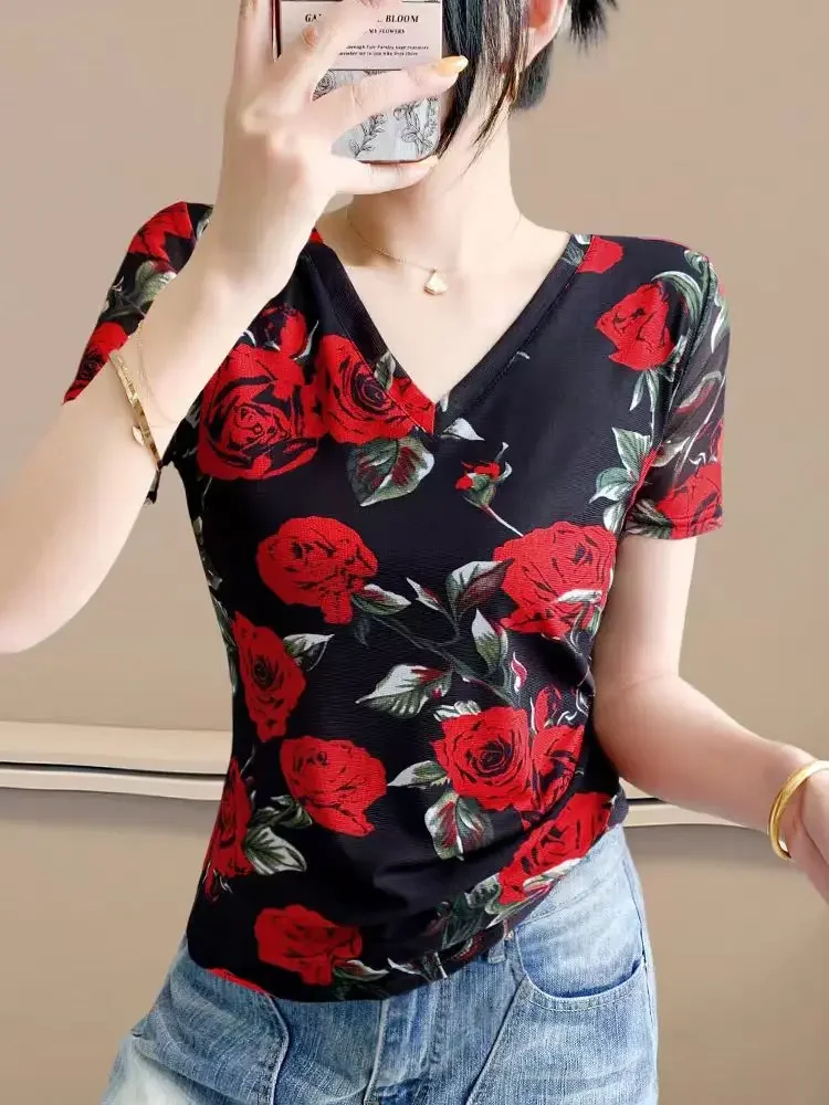 Red Floral V-Net Mesh Top Women's Summer Blouse - Breathable Short Sleeve Lightweight T-Shirt Feminine
