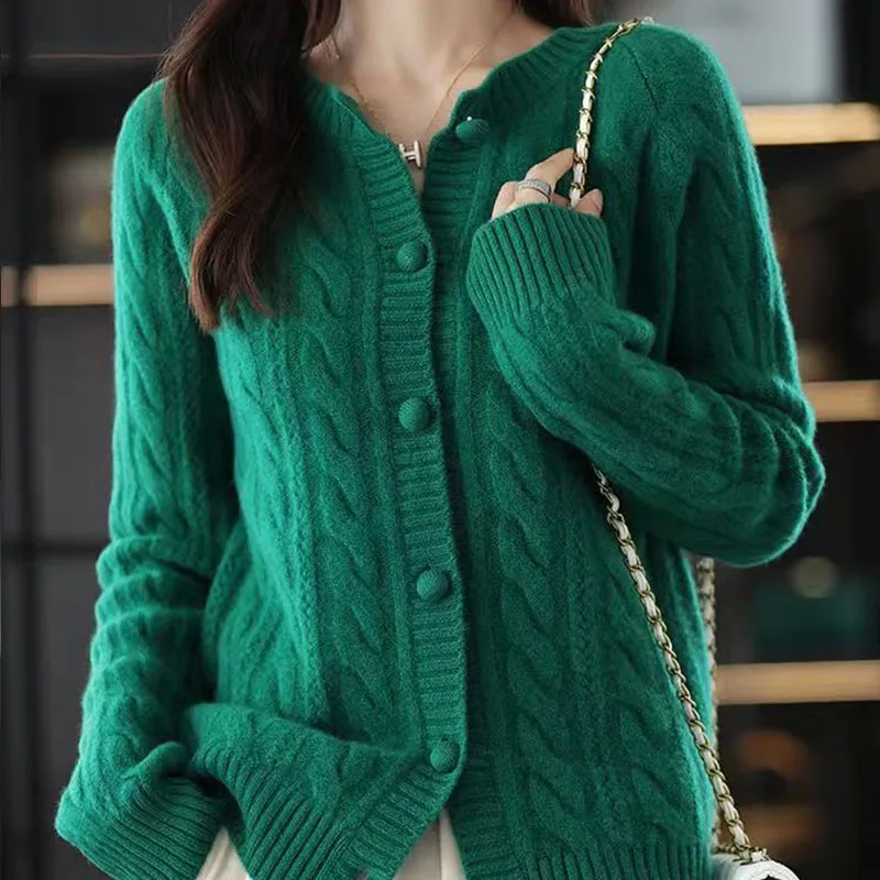 High-End round Neck Twisted Knit Open Cardigan Sweater Autumn Winter New Style Korean Loose Fashion Outerwear Top Coat