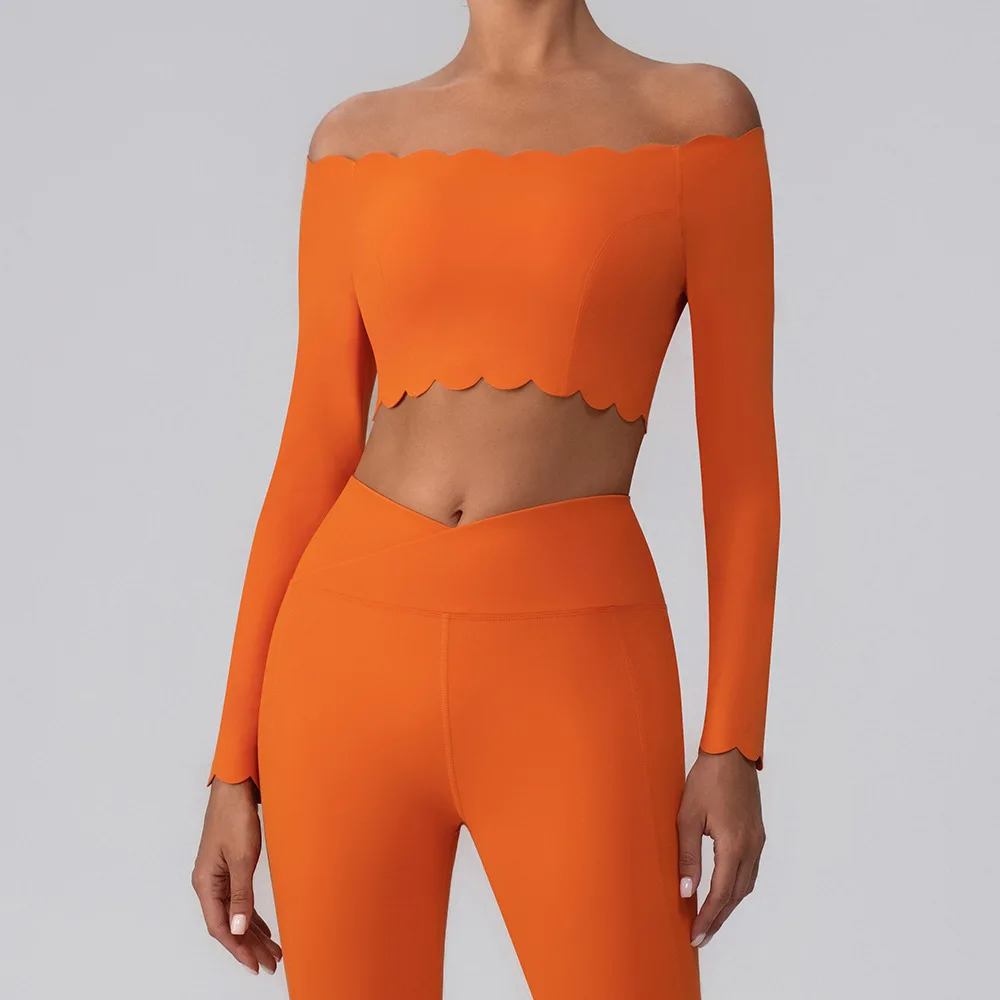 Women Yoga Shirts Crop Top Long Sleeves Sexy Lace Off Shoulder Shirts Yoga Sports Fitness Running Gym Workout Tight Tops