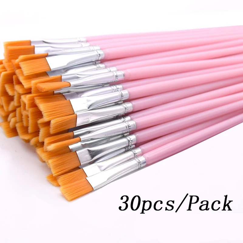 30pcs Pink Flat Painting Brushes for Kids Nylon Hair Plastic Handle for Detail Fine Art Acrylic Watercolor Nail Oil Painting