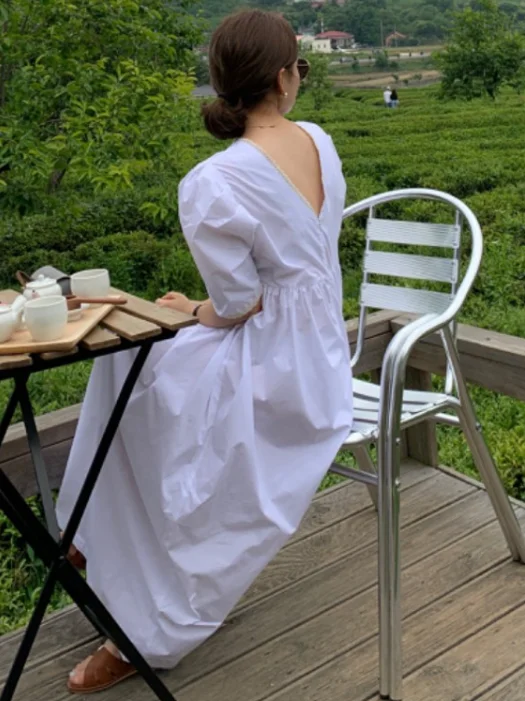 Vestido e de verano con corte de encaje y cuello empalmado, Vintage, refrescante, de Color sólido, manga de burbuja, f...