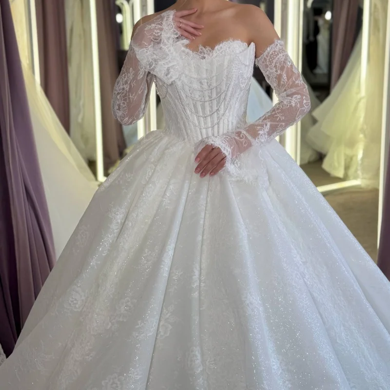 Simple White Appliques Wedding Dresses Beadwork Decal Puff Skirt long tail A-line Tull Slit Made Wedding Dress Bridal Gown