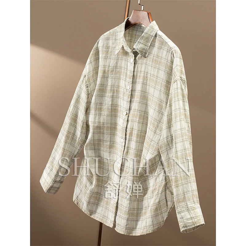 New Casual Fresh Literary Plaid Linen + Cotton Lapel Long-sleeved Shirt Women's 68C2  Blusas Mujer De Moda 2025 Verano