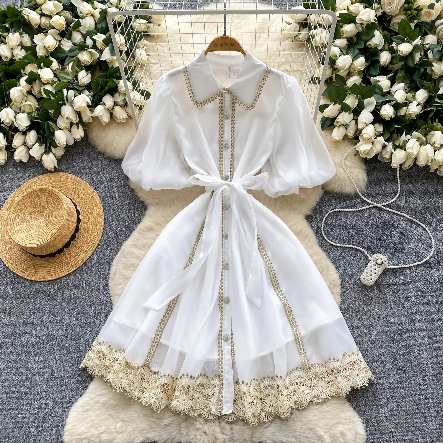2025 ฤดูร้อนชุดวินเทจใหม่หญิงโคมไฟ Turn-Down COLLAR Lace Spliced Design SHEER คุณภาพสูงผู้หญิง PARTY Dresses