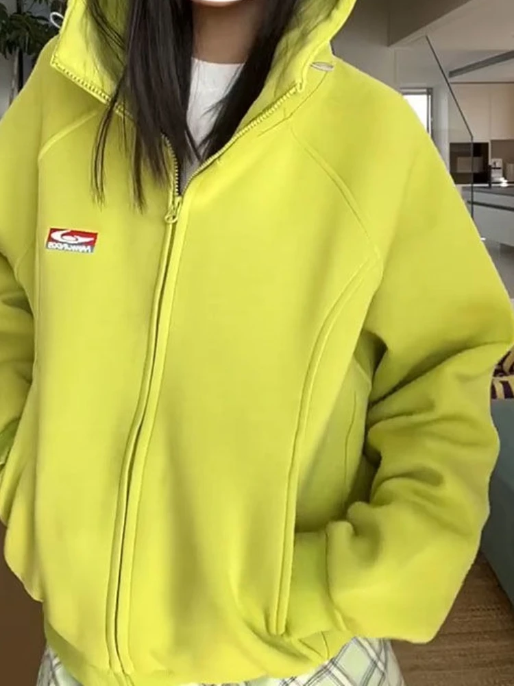HOUZHOU American Retro Zipper Hoodies Women Hip Pop Green Oversize Hooded Sweatshirts Vintage Grey Casual Classic Solid Coat